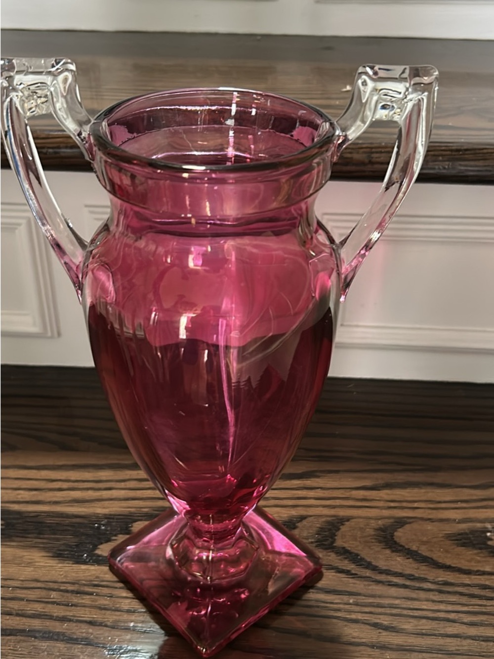 Vintage Elegant Pink / Cranberry Glass Urn Vase with Clear Handles - Brand